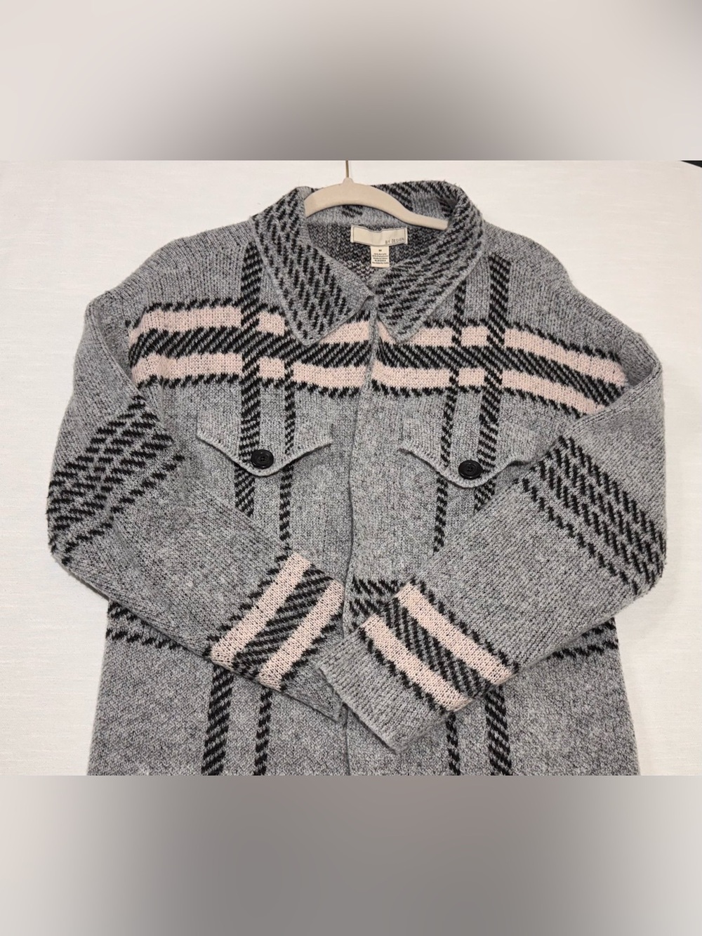 By Design Gray & Pale Pink Plaid Knit Cardigan Jacket Dbl Breast Pocket Sz M